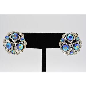 Star Vintage Screw Back Earring Blue AB Rhinestone Crystal Enamel Signed BinAB